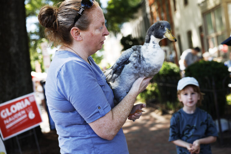 Meghan Abrego gathers signatures to ban foie gras at Eastern Market alongside her duck Olivia Gray.