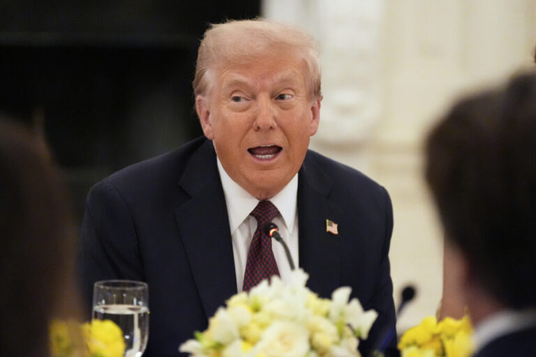 President Donald Trump speaks during a dinner in the State Dining Room of the White House