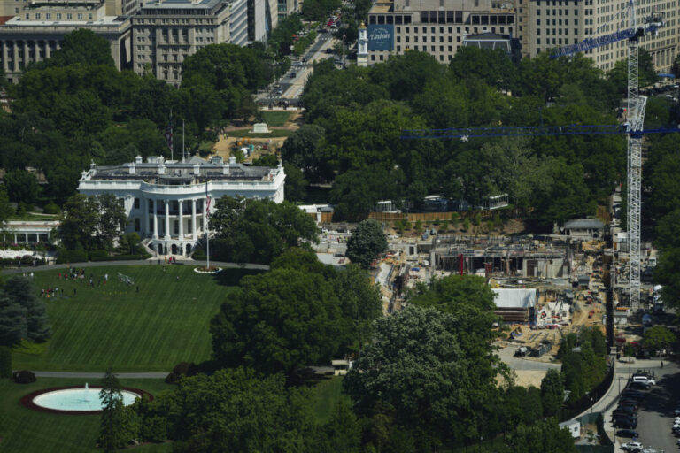 Construction on the new White House ballroom is seen from the Washington Monument.