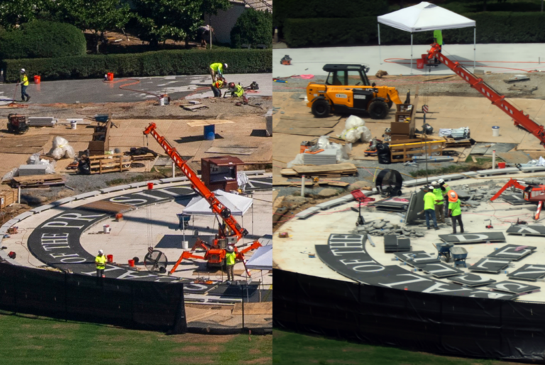 Workers have already begun dismantling the 100-foot-wide granite presidential seal placed on top of Trump’s White House helipad.