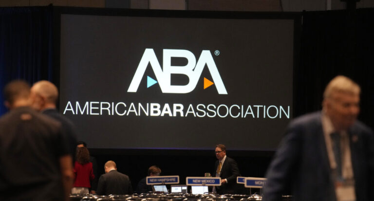 Attendees arrive before the American Bar Association’s 2023 conference in Denver.