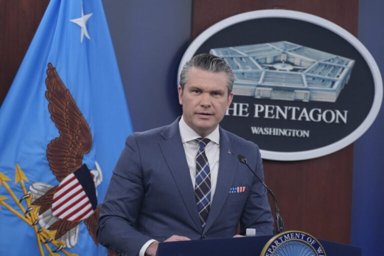Defense Secretary Pete Hegseth speaks to members of the media.