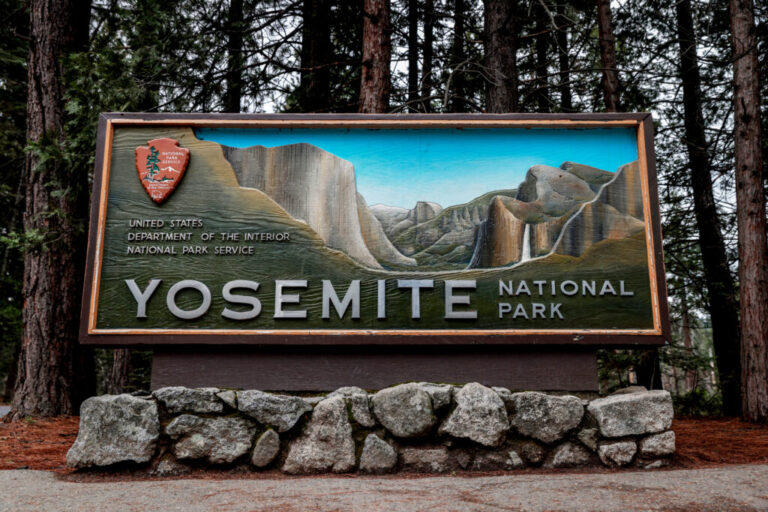 The sign for Big Oak Flat Entrance of Yosemite National Park in California.
